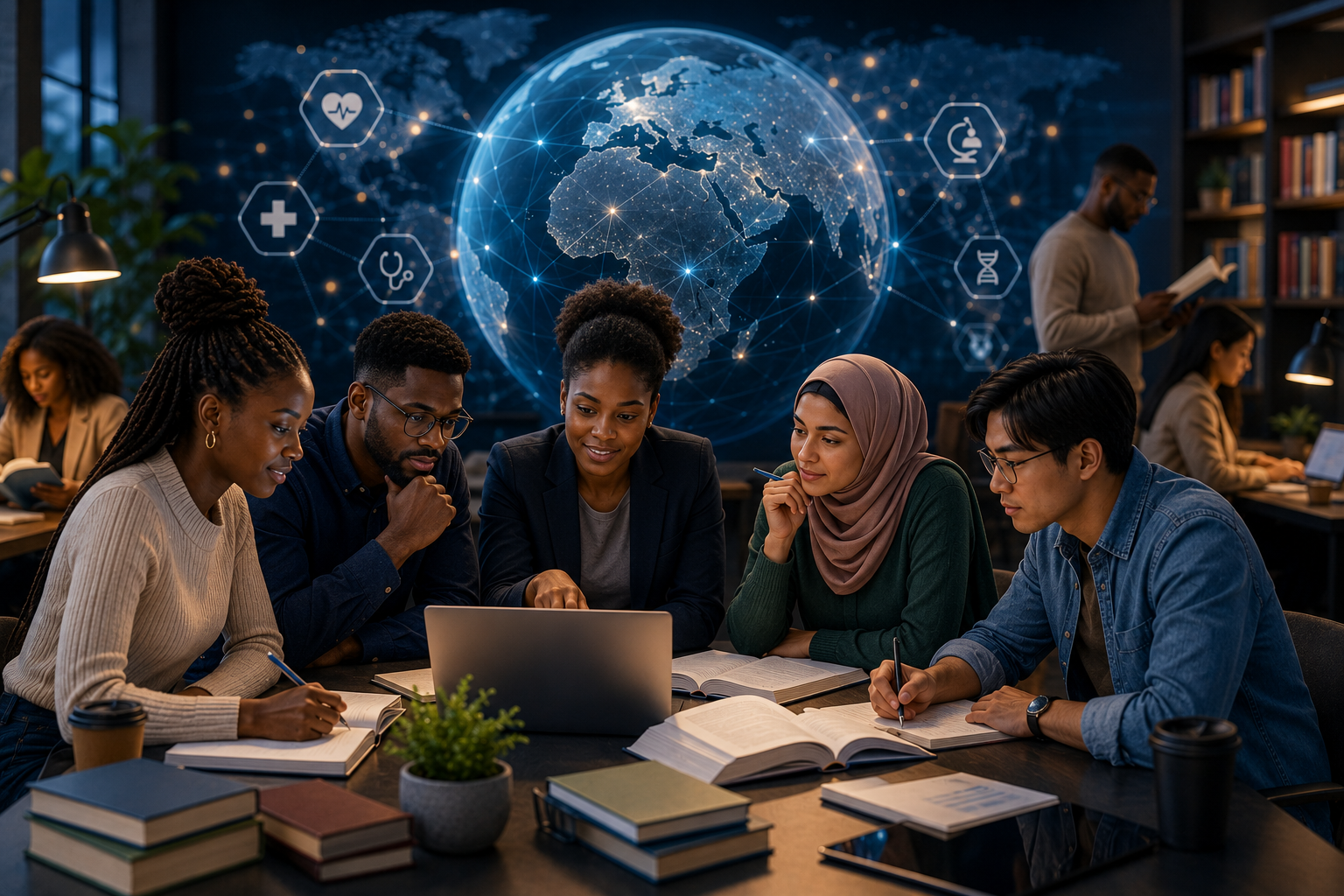 Global health leaders collaborating around a digital world map
